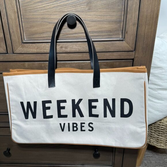 Weekend Vibes Canvas Tote Bag - Large Cream & Black Leather Handle Weekender - Picture 10 of 11